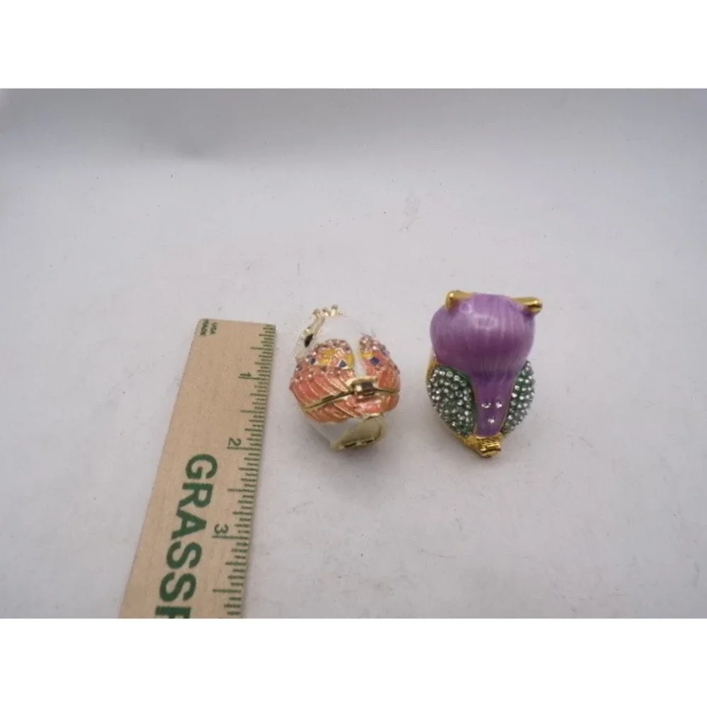 Set of 2 Owl‎ Trinket Boxes Enamel Rhinestone Bejeweled Hinged Jewelry Keepsake